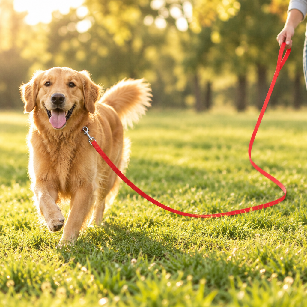 Golden retriever on the red Free Roam long training leash